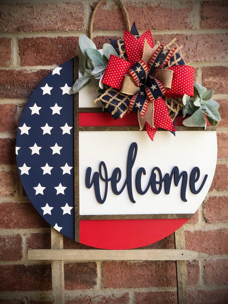 Front Door Decor, Patriotic Door Wreath, Americana Welcome Door Hanger, Welcome Sign, Door Sign, Summer Home Decor, 3D Letters, Porch Decor WELCOME