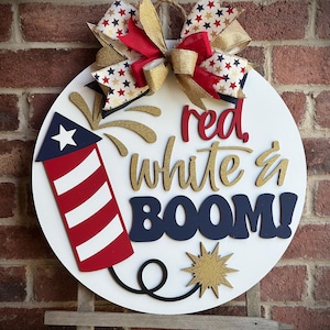 Red White and Boom Front Door Decor, Happy 4th of July Door Hanger, Fourth of July Americana Home Decor, 3D Lettering, Patriotic Wreath