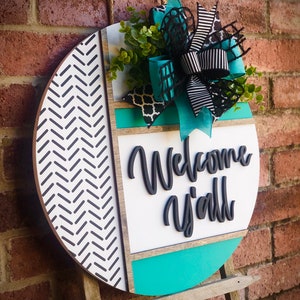 Front Door Decor, Herringbone Welcome Door Hanger, Welcome Sign, Front Door Wreath, Front Door Sign, Spring Porch Decor, Porch Sign, Gift TURQ. WELCOME Y’ALL