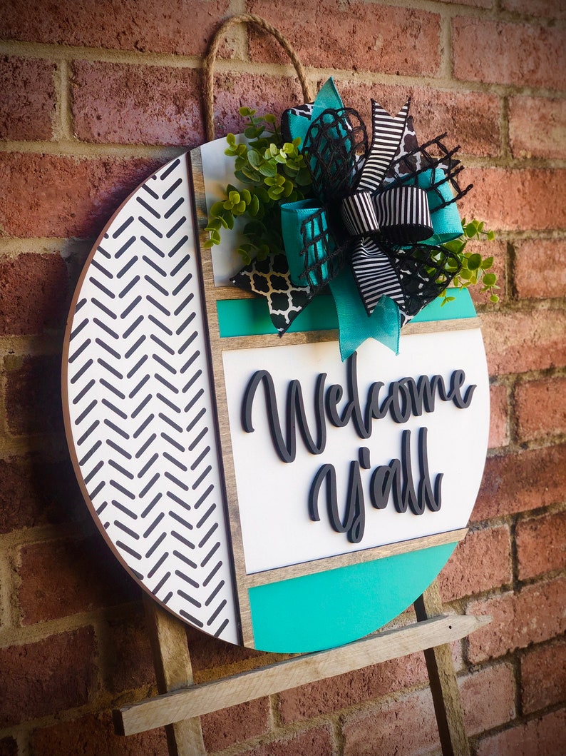 Front Door Decor, Herringbone Welcome Door Hanger, Welcome Sign, Front Door Wreath, Front Door Sign, Spring Porch Decor, Porch Sign, Gift TURQ. WELCOME Y’ALL