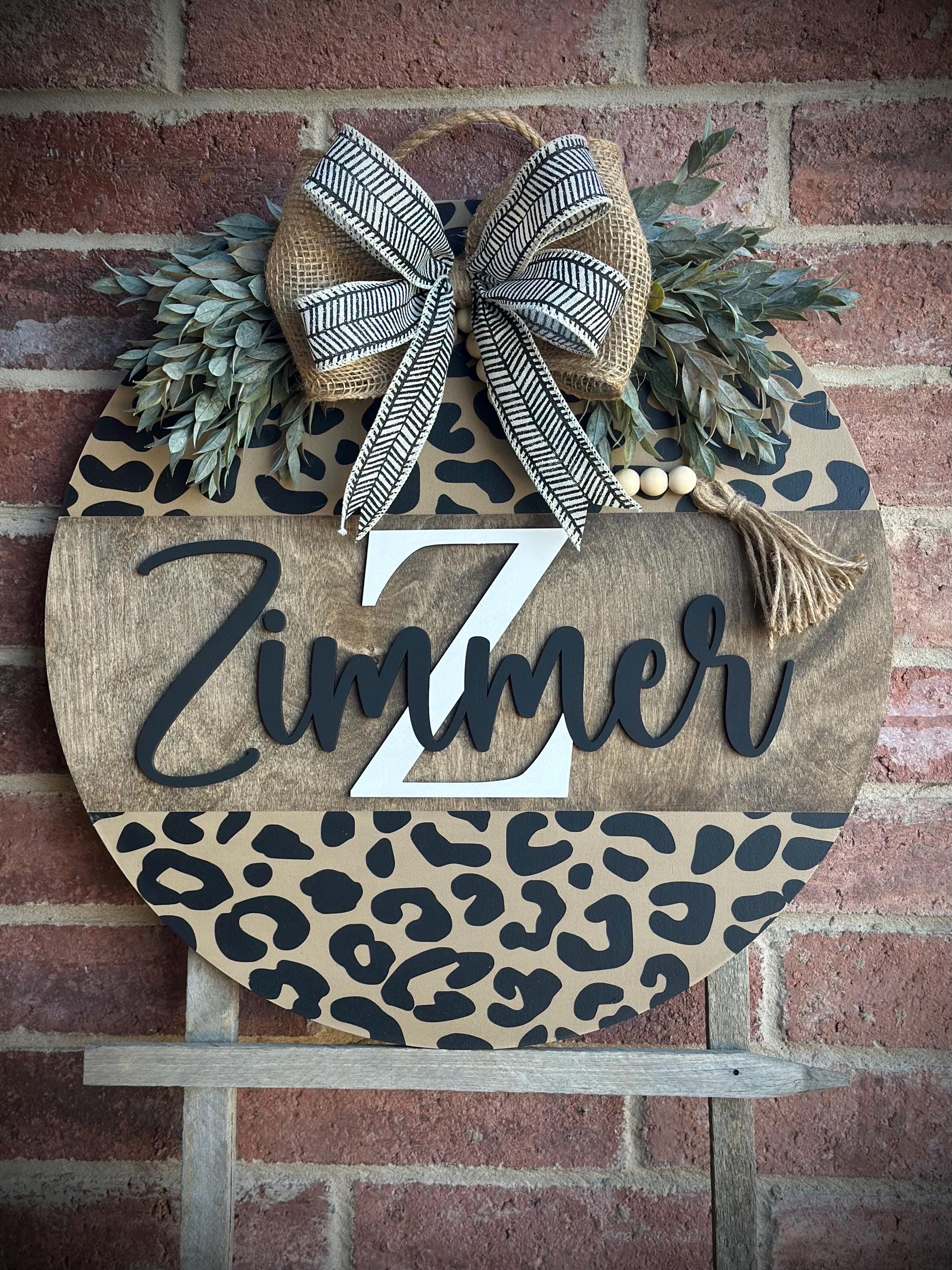 Leopard Print Door Decor, Family Last Name Door Hanger, Wooden