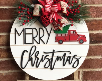 Farm Truck Merry Christmas Door Hanger, Front Door Decor, Christmas Wreath, Front Door Sign for Christmas, Christmas Decor Porch Decor, Gift