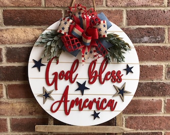 Front Door Decor, God Bless America Door Hanger, Americana Home Decor, 3D Letters Door Sign, Patriotic Wreath, Farmhouse Outdoor Sign, Gift