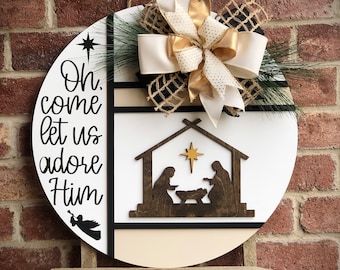 Christmas Front Door Decor, Christmas Door Hanger, Adore Him Nativity Scene, 3D Elements, Merry Christmas Wreath, Christmas Decorations