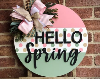 Spring Door Hanger, Front Door Decor, Hello Spring Sign, Spring Door Decor, Round Door Sign, Spring Wreath, Farmhouse Home Decor Outdoor