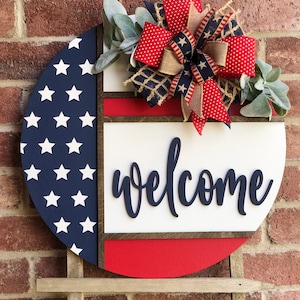 Front Door Decor, Herringbone Welcome Door Hanger, Welcome Sign, Front Door Wreath, Front Door Sign, Spring Porch Decor, Porch Sign, Gift PATRIOTIC WELCOME