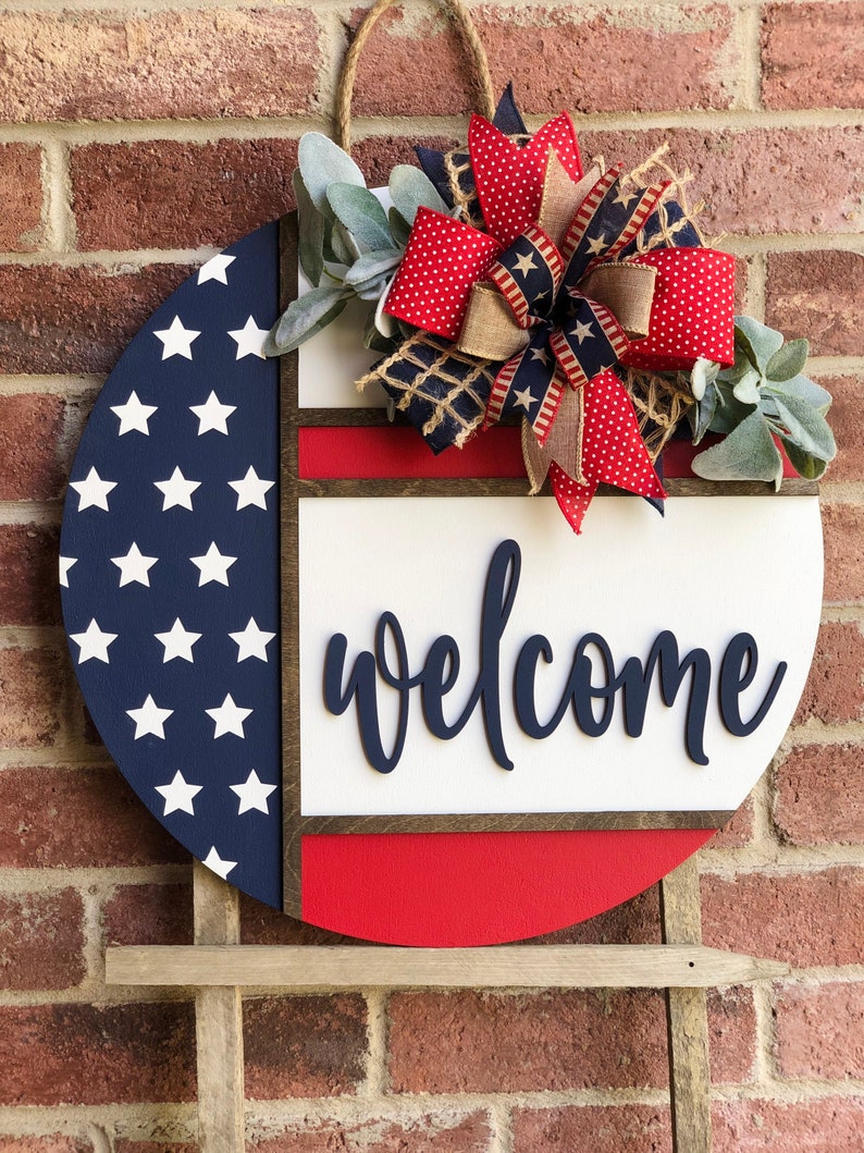 Front Door Decor, Herringbone Welcome Door Hanger, Welcome Sign, Front Door Wreath, Front Door Sign, Spring Porch Decor, Porch Sign, Gift PATRIOTIC WELCOME