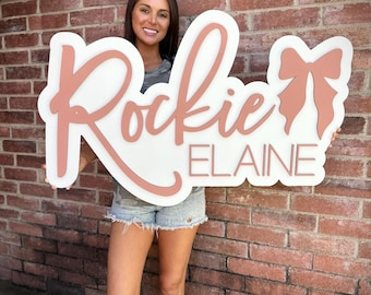 Large Name Sign, Baby Name Sign, Nursery Name Sign, Couquette Bow Nursery Decor Wall Art, Girl Baby Shower Gift, Custom Wooden Sign, Newborn