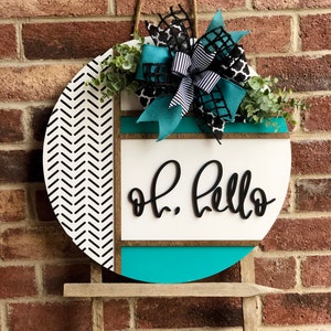 Front Door Decor, Oh Hello Door Hanger, Herringbone Welcome Sign, Front Door Wreath, Front Door Sign, Spring Porch Decor, Housewarming Gift