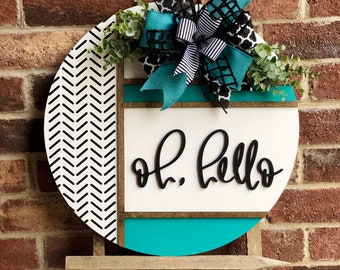 Front Door Decor, Oh Hello Door Hanger, Herringbone Welcome Sign, Front Door Wreath, Front Door Sign, Spring Porch Decor, Housewarming Gift