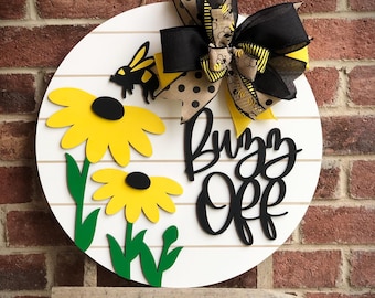 Buzz Off Front Door Decor, Bee Hello Summer Door Hanger, Summer Wreath Outdoor Porch Decor, Home Decor, Summer Decor, Daisy Front Door Sign