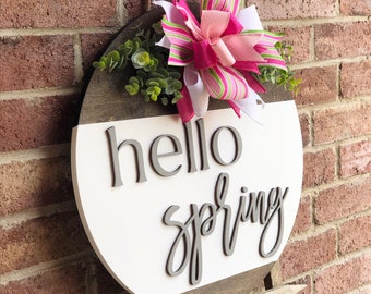 Spring Front Door Decor, Spring Door Hanger, Hello Spring Sign, Spring Door Decor, Round Door Sign, Spring Wreath, Farmhouse Decor Outdoor