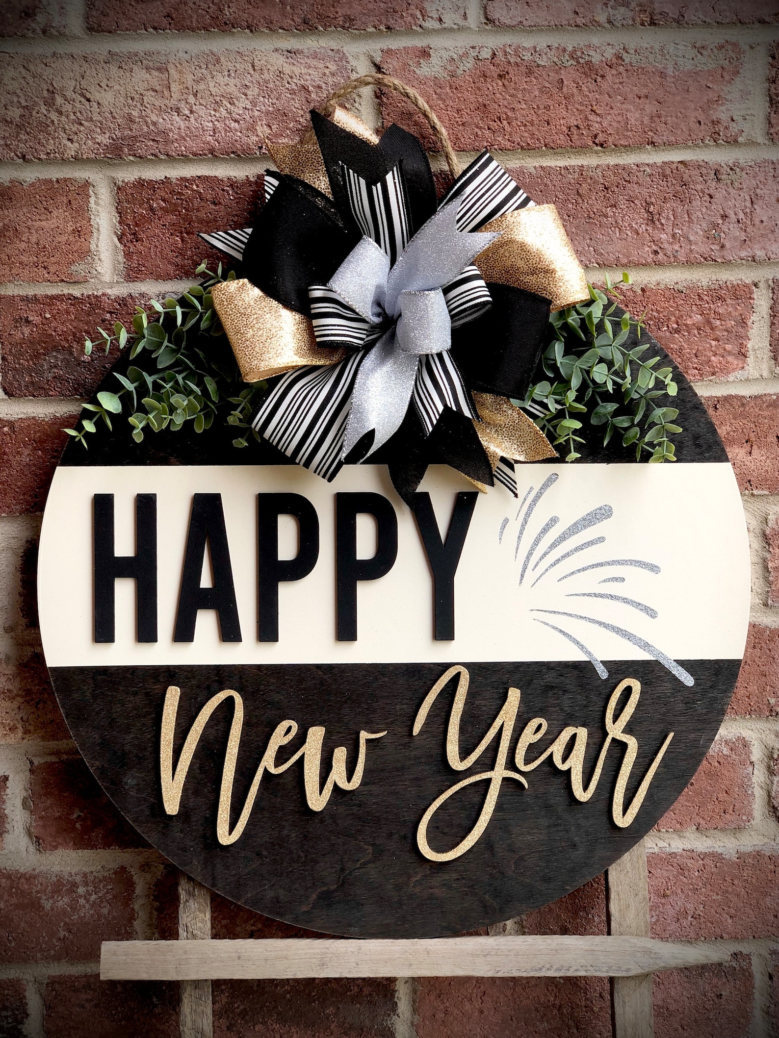 Happy New Year Door Hanger, Front Door Decor, New Years Wreath, Front Door Sign, New Years Decor Porch Decor, Gift, Gold and Silver Decor