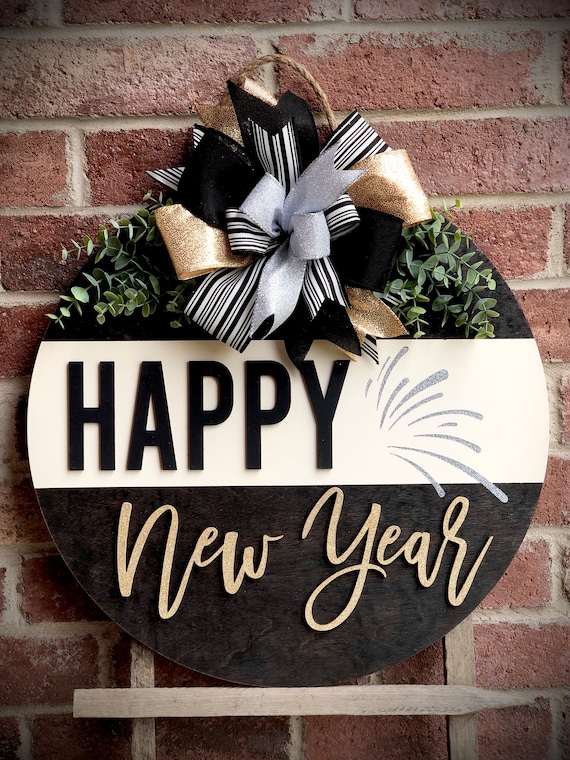 Happy New Year Door Hanger, Front Door Decor, New Years Wreath
