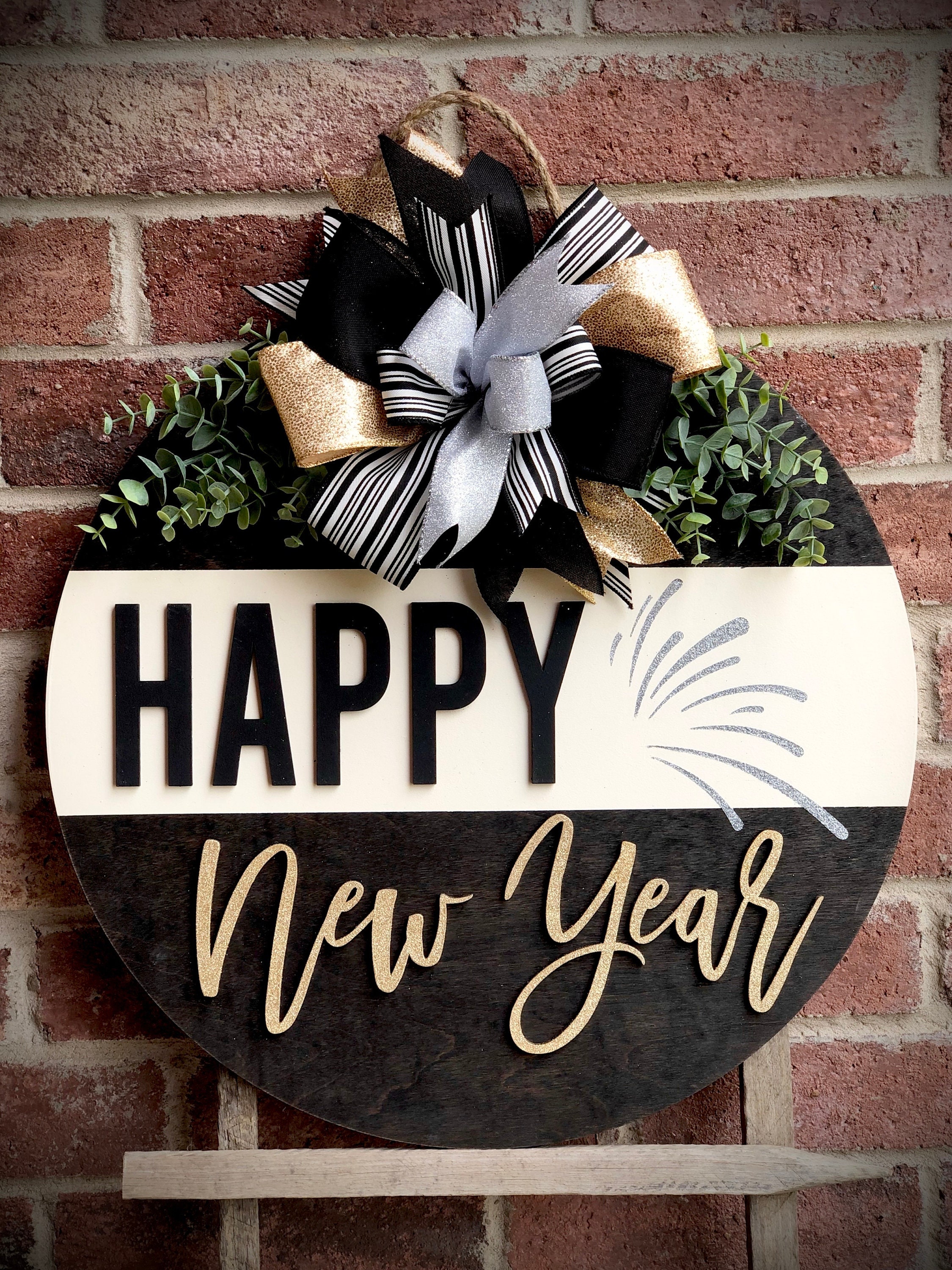 Happy New Year Door Hanger, Front Door Decor, New Years Wreath
