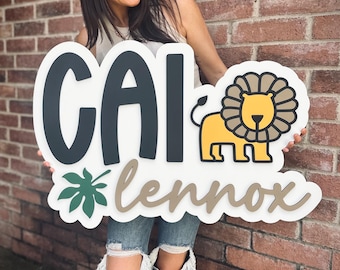 Baby Boy Name Sign, Lion Safari Nursery Name, Woodlands Nursery Decor Wall Art, Boy Baby Shower Gift, Custom Wooden Sign, Baby Gift