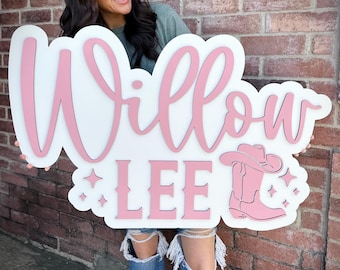Large Name Sign, Baby Name Sign, Western Nursery Name Sign, Cowgirl Boot Nursery Decor Wall Art, Girl Baby Shower Gift, Custom Wooden