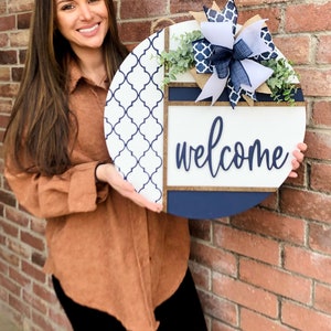 Front Door Decor, Herringbone Welcome Door Hanger, Welcome Sign, Front Door Wreath, Front Door Sign, Spring Porch Decor, Porch Sign, Gift NAVY WELCOME