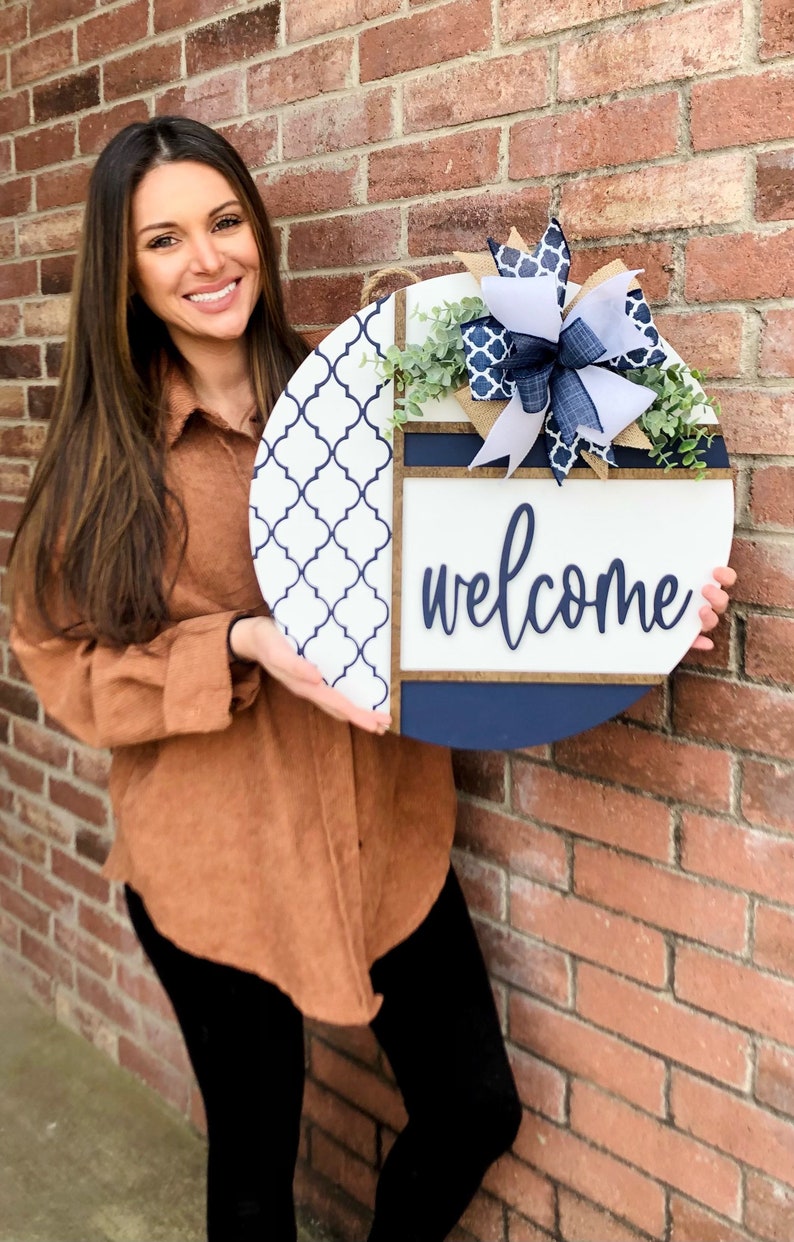 Front Door Decor, Herringbone Welcome Door Hanger, Welcome Sign, Front Door Wreath, Front Door Sign, Spring Porch Decor, Porch Sign, Gift NAVY WELCOME