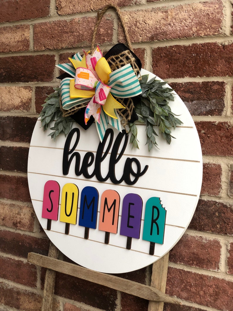 Front Door Decor, Popsicle Summer Door Hanger, Hello Summer Wreath Porch Decor, Home Decor, Summer Decor, Front Door Sign, Farmhouse image 3