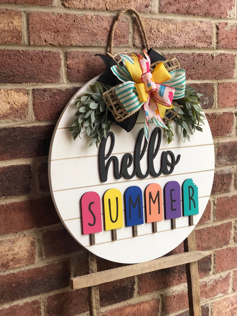 Front Door Decor, Popsicle Summer Door Hanger, Hello Summer Wreath Porch Decor, Home Decor, Summer Decor, Front Door Sign, Farmhouse image 2