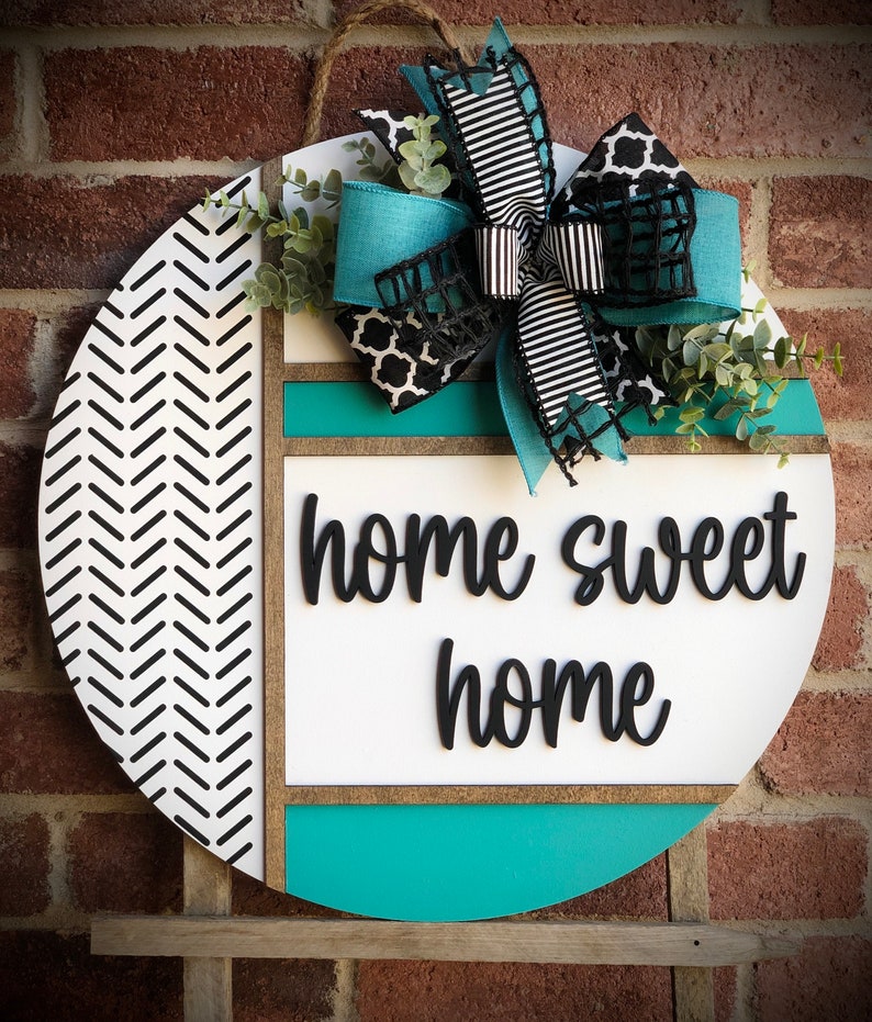 Front Door Decor, Herringbone Welcome Door Hanger, Welcome Sign, Front Door Wreath, Front Door Sign, Spring Porch Decor, Porch Sign, Gift TURQ HOME SWEET HOME