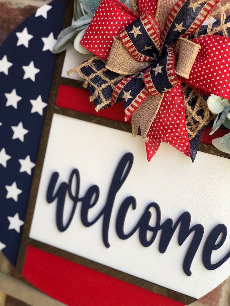 Front Door Decor, Patriotic Door Wreath, Americana Welcome Door Hanger, Welcome Sign, Door Sign, Summer Home Decor, 3D Letters, Porch Decor image 7