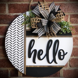 Front Door Decor, Herringbone Welcome Door Hanger, Welcome Sign, Front Door Wreath, Front Door Sign, Spring Porch Decor, Porch Sign, Gift BLACK HELLO