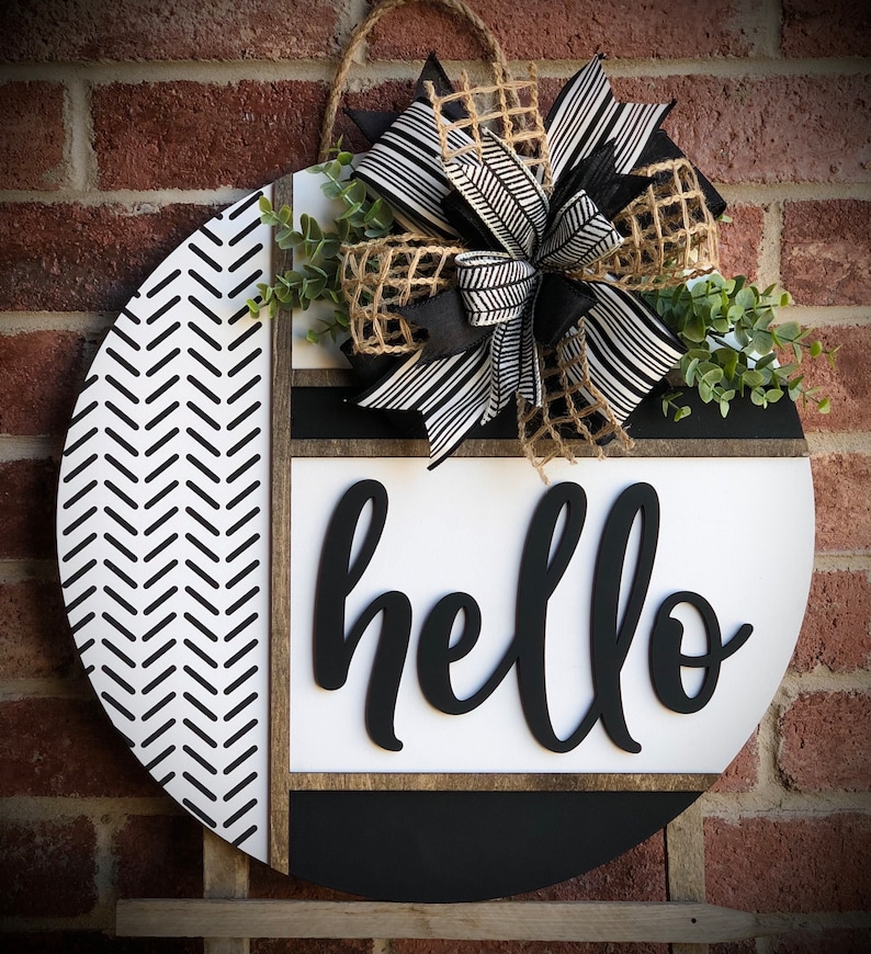 Front Door Decor, Herringbone Welcome Door Hanger, Welcome Sign, Front Door Wreath, Front Door Sign, Spring Porch Decor, Porch Sign, Gift BLACK HELLO