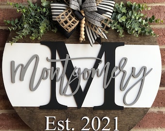 Front Door Decor, Personalized Family Name Sign Door Hanger, Monogram Last Name Front Door Sign, Outdoor Porch Decor, Wooden Wedding Gift