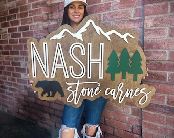 Large Name Sign, Bear Baby Name Sign, Forrest Nursery Name, Mountain Nursery Decor Wall Art, Boy Baby Shower Gift, Custom Wooden Sign