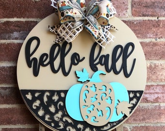 Fall Front Door Decor, Hello Fall Door Hanger, Leopard Pumpkin Door Hanger, Pumpkin Fall Wreath, Fall Decor, Front Door Sign, Porch Decor