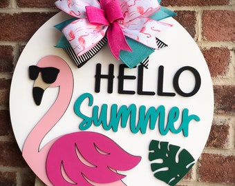 Hello Summer Door Hanger, Flamingo Wreath, Front Door Decor, Door Sign, Summer Porch Decor, Home Decor, Patio Pool Decor, 3D Wood Sign, gift