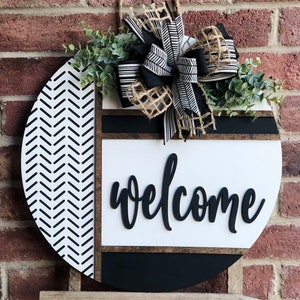 Front Door Decor, Herringbone Welcome Door Hanger, Welcome Sign, Front Door Wreath, Front Door Sign, Spring Porch Decor, Porch Sign, Gift BLACK WELCOME