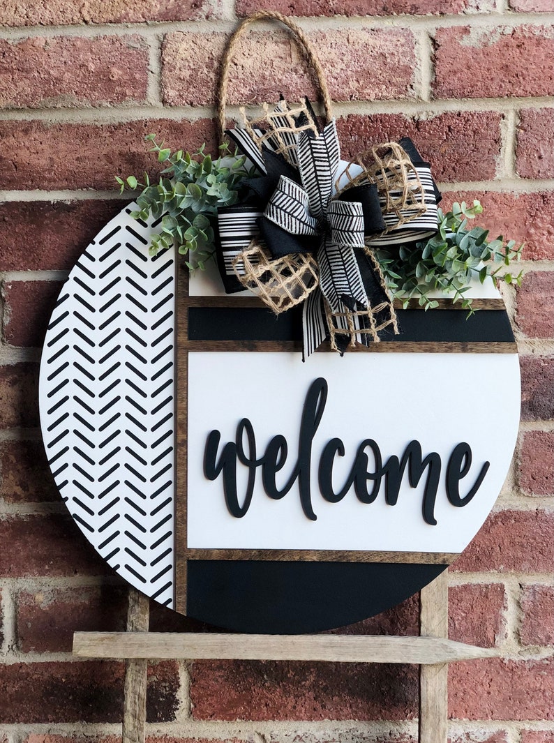 Front Door Decor, Herringbone Welcome Door Hanger, Welcome Sign, Front Door Wreath, Front Door Sign, Spring Porch Decor, Porch Sign, Gift BLACK WELCOME