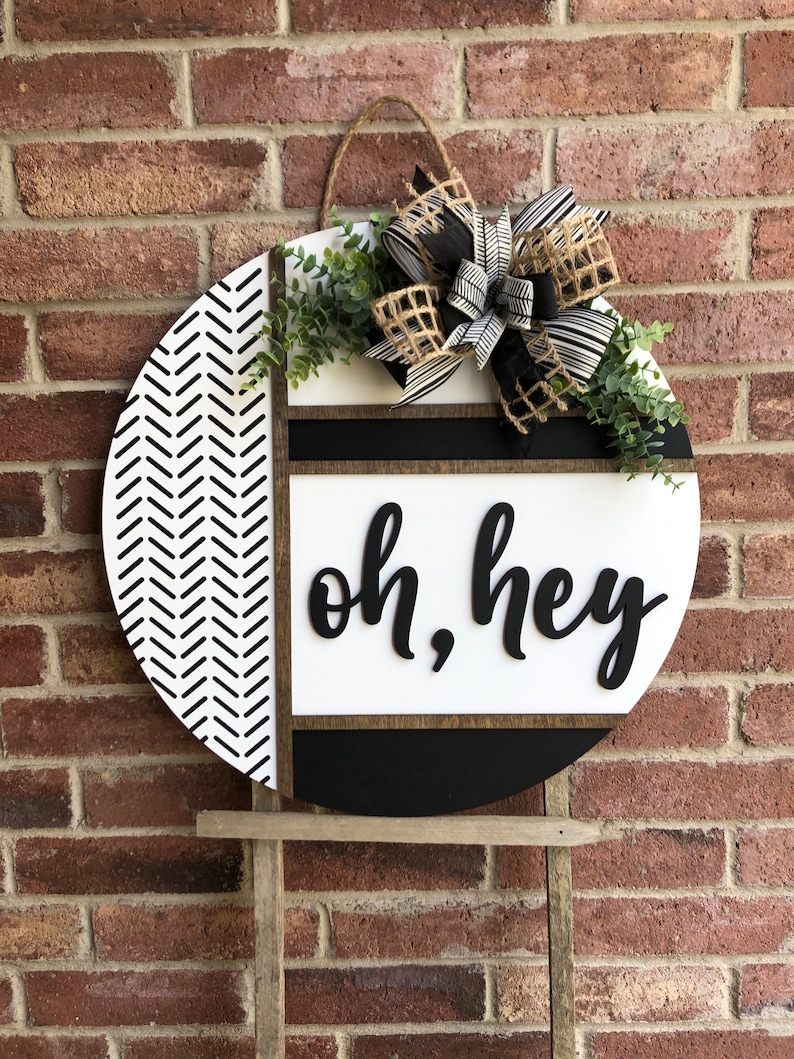 Front Door Decor, Herringbone Welcome Door Hanger, Welcome Sign, Front Door Wreath, Front Door Sign, Spring Porch Decor, Porch Sign, Gift BLACK OH, HEY