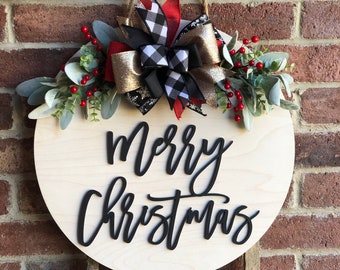 Colgador de puerta de Feliz Navidad, decoración de puerta de entrada, corona navideña, letrero de puerta de entrada para Navidad, decoración navideña, decoración de porche, regalo, presente