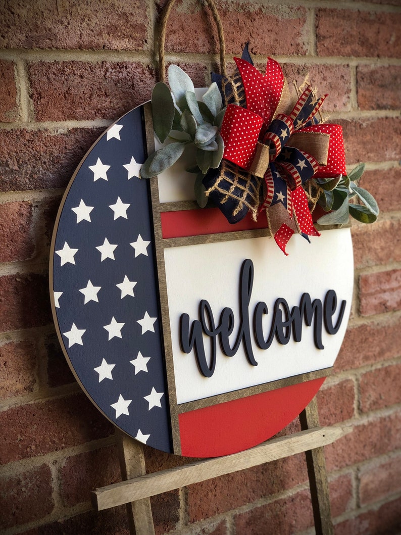 Front Door Decor, Patriotic Door Wreath, Americana Welcome Door Hanger, Welcome Sign, Door Sign, Summer Home Decor, 3D Letters, Porch Decor image 4