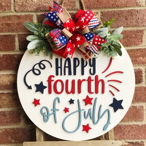 Front Door Decor, Happy 4th of July Door Hanger, Fourth of July Americana Home Decor, 3D Letters Door Sign, Outdoor Patriotic Wreath, Gift