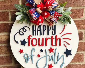 Front Door Decor, Happy 4th of July Door Hanger, Fourth of July Americana Home Decor, 3D Letters Door Sign, Outdoor Patriotic Wreath, Gift