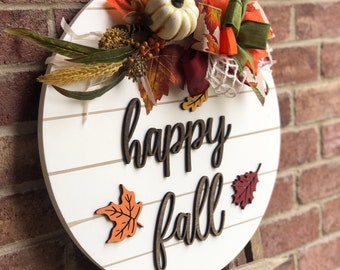 Happy Fall Door Hanger, Fall Porch Decor, Door 3D Lettering, Round Door Sign, Wood Sign, Fall Wreath, Fall Decor, Wooden Sign, Outdoor Fall