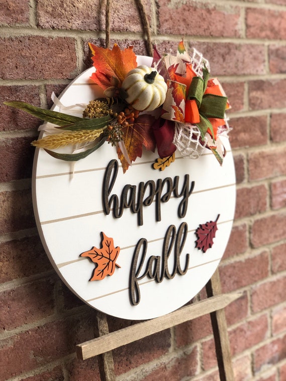 Happy Fall Door Hanger, Fall Porch Decor, Door 3D Lettering, Round Door Sign, Wood Sign, Fall Wreath, Fall Decor, Wooden Sign, Outdoor Fall