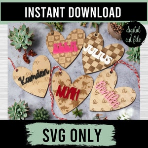 Etiquetas de nome em formato de coração SVG Valentine, arquivo de corte SVG, arquivos de laser Glowforge, arquivos de corte para Cricut, padrão de Valentine, dia dos namorados infantil,