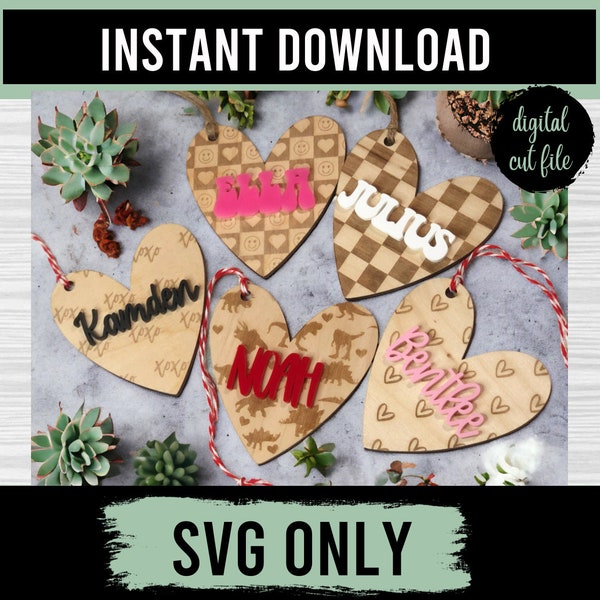 SVG Valentine Heart Shaped Name Tags, SVG Cut File, Glowforge Laser Files, Cut Files for Cricut, Valentine Pattern, Kids Valentine,