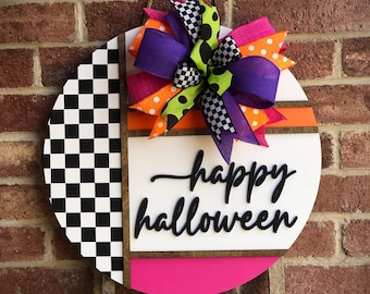 Halloween Door Hanger For Front Door, Checkered Halloween Wreath, Front Door Decor, 3D Lettering, Retro Home Decor, Outdoor Porch Wood Sign