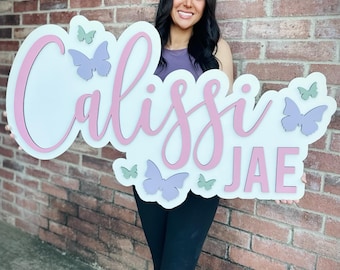 Large Baby Name Sign, Butterfly Sign Baby Room Decor, Whimsical Nursery Decor Wall Art, Girl Baby Shower Gift, Custom Wooden Sign, Baby Gift