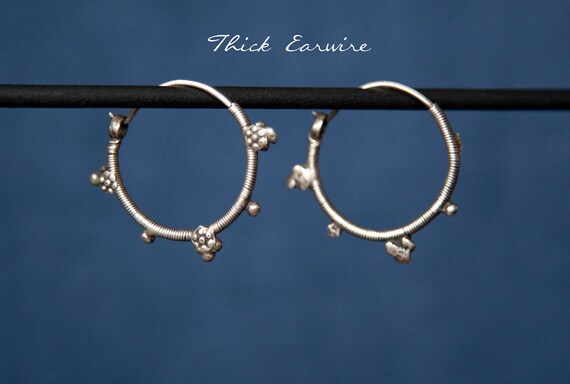 Antique Pakistani Hoop Silver Earrings with Floral