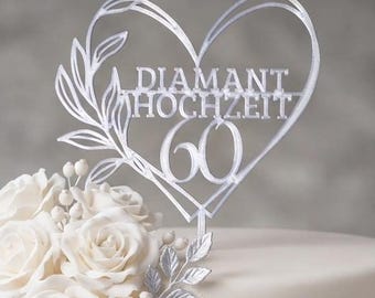 Taarttopper met diamanten voor de 60e huwelijksverjaardag – 60 jaar huwelijksjubileum - Topper in aangepaste kleur