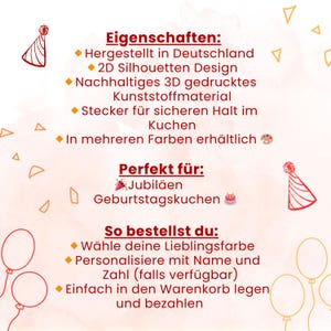 Op de afbeelding: Een afbeelding met Duitse tekst en een illustratie van een feesthoed. De tekst benadrukt kenmerken zoals 2D-silhouetontwerp, 3D-geprint materiaal en beschikbaarheid in meerdere kleuren. Het vermeldt ook jubilea en verjaardagstaarten.