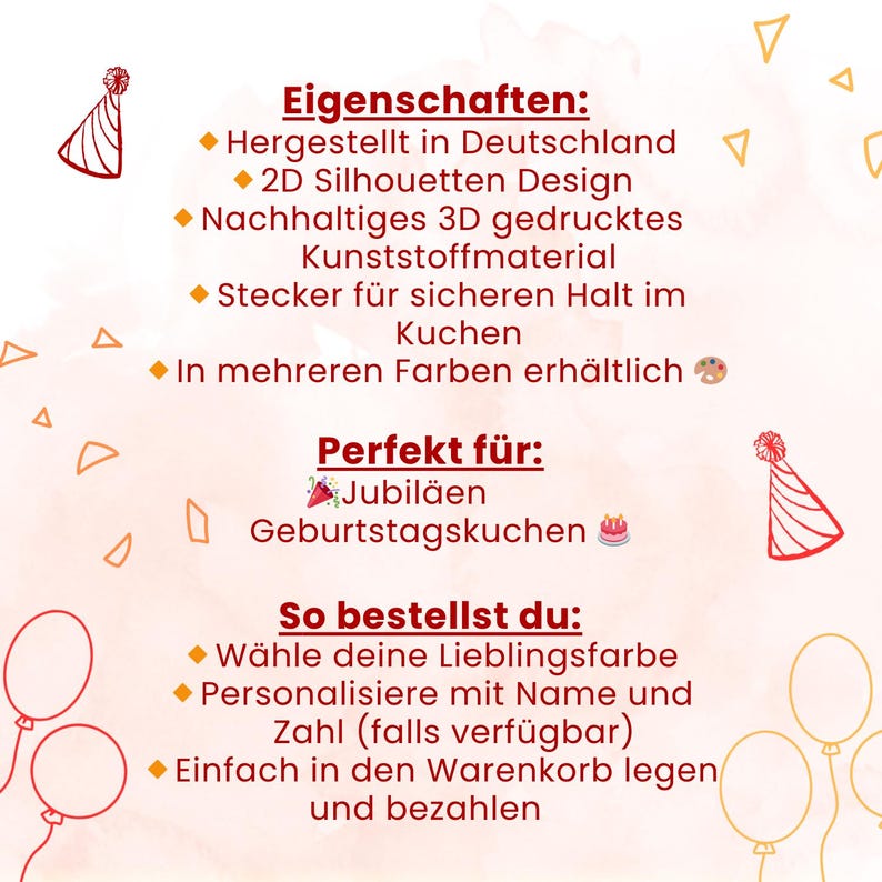 Op de afbeelding: Een afbeelding met Duitse tekst en een illustratie van een feesthoed. De tekst benadrukt kenmerken zoals 2D-silhouetontwerp, 3D-geprint materiaal en beschikbaarheid in meerdere kleuren. Het vermeldt ook jubilea en verjaardagstaarten.